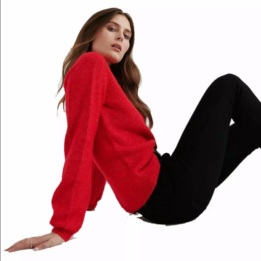 Lucky Brand Stitch Mock Neck Soft Sweater Bishop Long Sleeve Red Womens Small